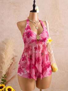 Bellisia Conjunto de traje de baño de dos piezas para mujer con top tankini de cuello halter con lazo y decoración metálica de unicolor y Bottom de bikini triangular, adecuado para vacacione - Multicolor - Ver 7