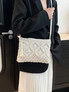 Vintage Woven Handbag, Bohemian Style Crossbody Bag, Woven Set Fabric Beach Bag, Tassel Decor Crochet Bag - White - View 3