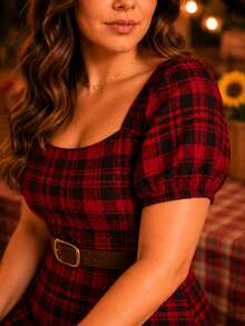 Plus Size Checkered Dress With Square Neckline And Short Sleeves For June Festival (São João) - 紅色和黑色 - 查看 6