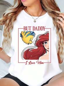 But Daddy I Love Him Ariel And Flounder Cartoon Print Disney Women T Shirt Round Neck Short Sleeve Casual Daily Wear Summer Outfit Soft Comfortable 220g - trắng - Xem 1
