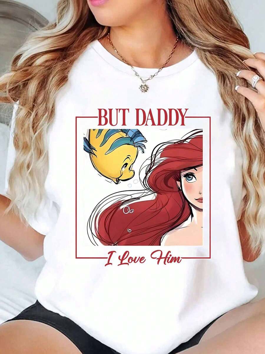 But Daddy I Love Him Ariel And Flounder Cartoon Print Disney Women T Shirt Round Neck Short Sleeve Casual Daily Wear Summer Outfit Soft Comfortable 220g - trắng - Xem 1