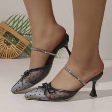 Sandalias de mujer con malla transpirable, lazo de cristal y lunares, puntera puntiaguda y slip-on, ligeras y de estilo lujoso para fiestas y citas, mulas de malla negra con puntera abierta para el verano - Negro - Ver 4