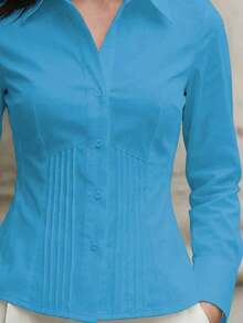 1 pieza Camisa de manga larga de ajuste delgado, elegante y casual con botones de un solo color, adecuada para la oficina, el hogar, el uso diario y las citas, todo el año, color blanco primaveral - Azul cielo - Ver 4