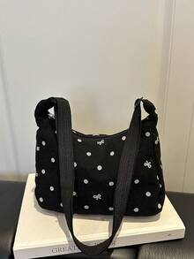 New Polka Dot Bow Embroidery Canvas Tote Bag Women's Multi-Purpose Daily Shoulder Bag - Black - View 11