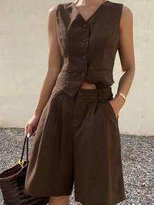 Conjunto informal de 2 piezas para mujer, nuevo diseño de verano en lino, conjunto de shorts para mujer - Café integral - Ver 1
