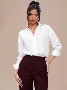 Body de manga larga y color blanco sólido, de estilo minimalista y casual para uso diario de las mujeres - Blanco - Ver 3
