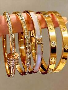 1pc/5pcs Hot Selling Non-Fading Gold Plated Stainless Steel Bracelet, Cross-Border Mirror Finish Four-Leaf Clover Titanium Steel Bangle - Gold - View 1