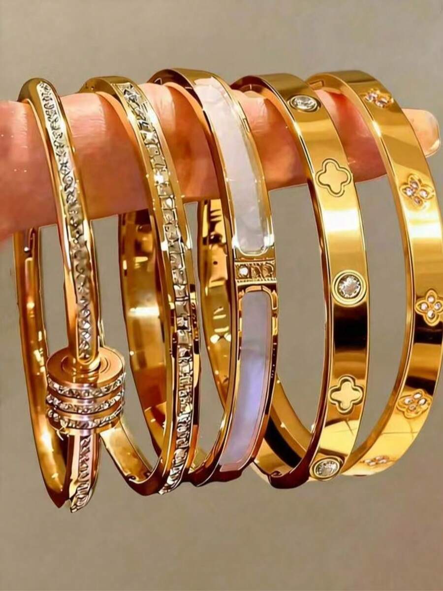 1pc/5pcs Hot Selling Non-Fading Gold Plated Stainless Steel Bracelet, Cross-Border Mirror Finish Four-Leaf Clover Titanium Steel Bangle - Gold - View 1