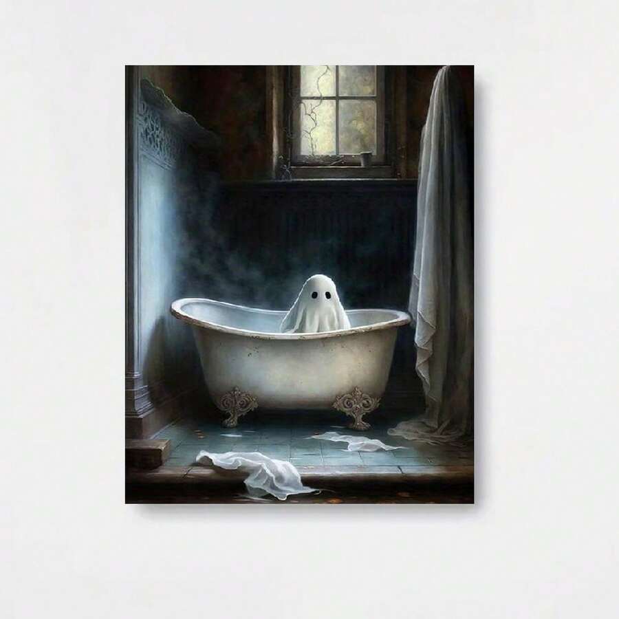 1pc 2D Flat Wooden Framed Canvas Painting - Haunted Bathroom Art, Modern Gothic Wall Decor, Waterproof & Odorless, Ready-to-Hang with Hooks for Living Room, Bedroom, Office, Bar, Bathroom Wall Decor, Home Decoration, Eerie Artwork, Odorless Artwork, Spooky Artwork, Art Collectors, Bedroom Artwork, Dark Aesthetic, Highquality Print, Horror Decor, Horror Fans, 2D Flat, Perfect for Room Decor - Enmarcado - Ver 1