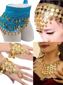 Tiara + Bracelet + Necklace And Scarf Set With Arabic Coins For Dance - Light Blue - View 7