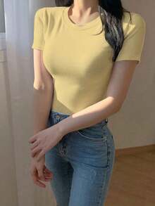 Camiseta de mujer casual de unicolor, ajustada, de cuello redondo y manga corta - Amarillo - Ver 3