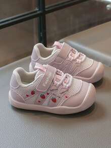 1 Pair Girls' Pink & White Mesh Strawberry Embroidery Hook & Loop Toddler Shoes, Korean Sweet Style, Suitable For Small & Medium Children Spring/Summer Daily Wear - Pink - View 2