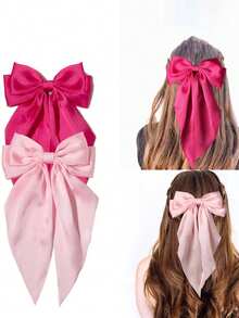 1 cái kẹp tóc satin màu trơn, phụ kiện tóc ruy băng lụa nơ lớn cho nữ, đa năng - Màu Hồng Tươi - Xem 5