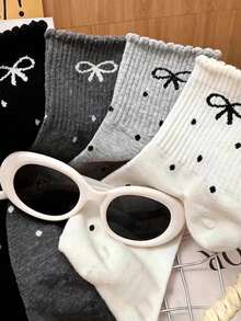 1/5 Pairs Women's Black White Grey Polka Dot Bow Ribbed Mid-Calf Socks, Breathable Comfortable, Sweet, Suitable For Daily Commute, Sweat-Absorbing Wear-Resistant Casual, Multi-Color Polka Dot Bow, Anti-Slip Wear-Resistant, Basic Style, Suitable For Date Party, Women's Socks, Easy To Match, Comfortable Fabric, Randomly Mixed - Multicolor - View 7