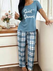 Comfortable Casual Letter Print Short Sleeve 2 Pieces Pajama Set Women Plaid Long Pants Loungewear - Teal Blue - View 4