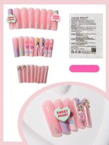 24pcs Y2K Style Extra Long Coffin Nail Tips, Colorful Sweet Girl Macaron Candy Heart 3D Decor Super Long T-Shape Wearable Nails, Colorful Gift Box Set Includes 1 Nail File + 1 Buffing Block, Dopamine Sweet Girl Nail Stickers - Multicolor - View 3