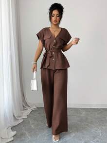 Lily House Women's Autumn/Summer 2-Piece Set, V-Neck Short Sleeve Tie-Front Blouse + High-Waisted Wide-Leg Pants, Elegant Casual, Suitable For Office And Back To School - Brown - View 9