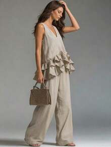 Conjunto de camiseta de tirantes con volantes + pantalones - Caqui - Ver 5
