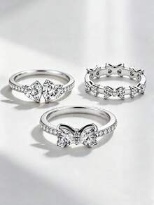 3pcs/1pc Silver Rings, Luxury Bow-Shaped Gemstone Rings, Heart-Shaped Gemstone Rings, Suitable For Daily Decoration, Outfit Matching, Dating - Silver - View 17