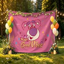 Disney Pixar Toy Story Tapestry With Lotso The Bear Face Illustration, "Beary Good Vibes" Quote, Strawberry & Star Accents Print No-Hole Backdrop, Perfect For Parties, Camping, Home Decor, Scene Setup And Gathering Displays - 0 - View 4
