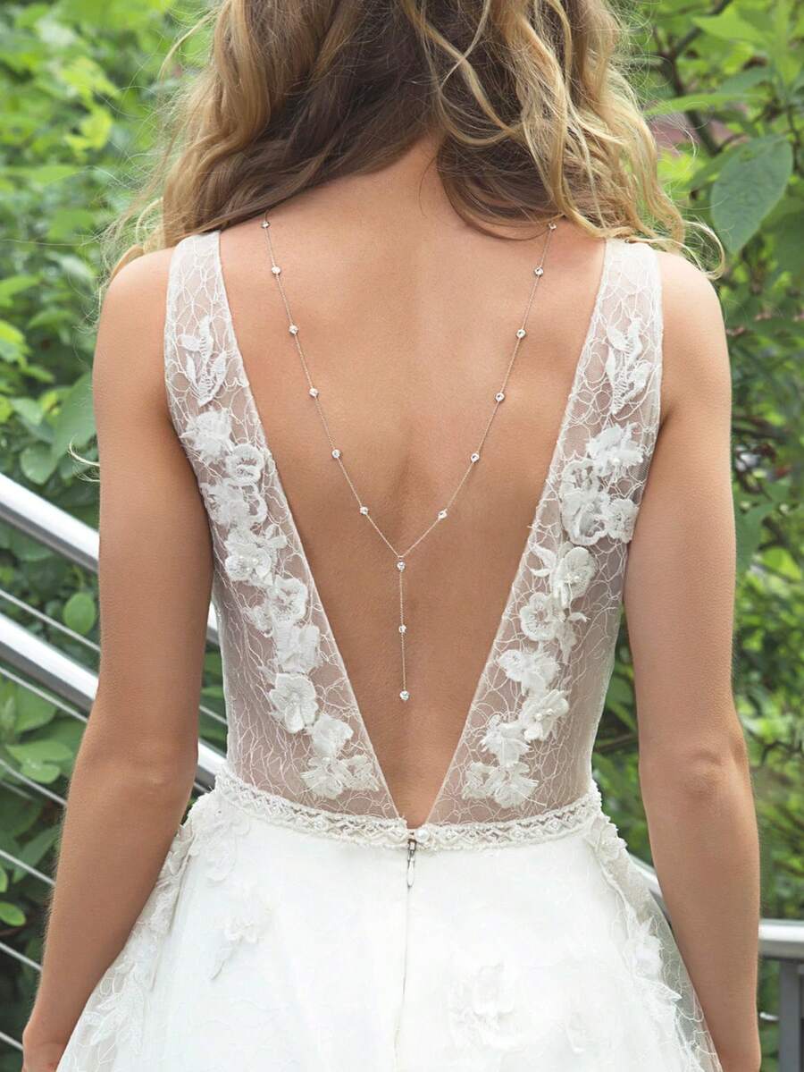 1 pieza Cadena de espalda brillante, accesorio de joyería de moda de cristal para novia y boda - Plateado - Ver 1