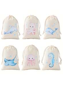 6pcs Drawstring Gift Bags, Ocean Animal Theme, Shark, Whale, Jellyfish And Seahorse Fun Patterns, Suitable For Baby Shower, Birthday Party And Ocean Theme Events - Multicolor - View 10
