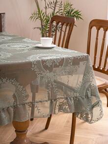 1pc French Elegant Floral Lace Trim Tablecloth, Countryside Fresh Decor - Green - View 7