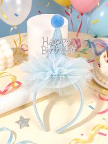 1件装生日快乐蓝色薄纱发箍，镶钻生日帽发箍，时尚发饰，节日装饰礼物（女孩适用） - 彩色 - 查看 3