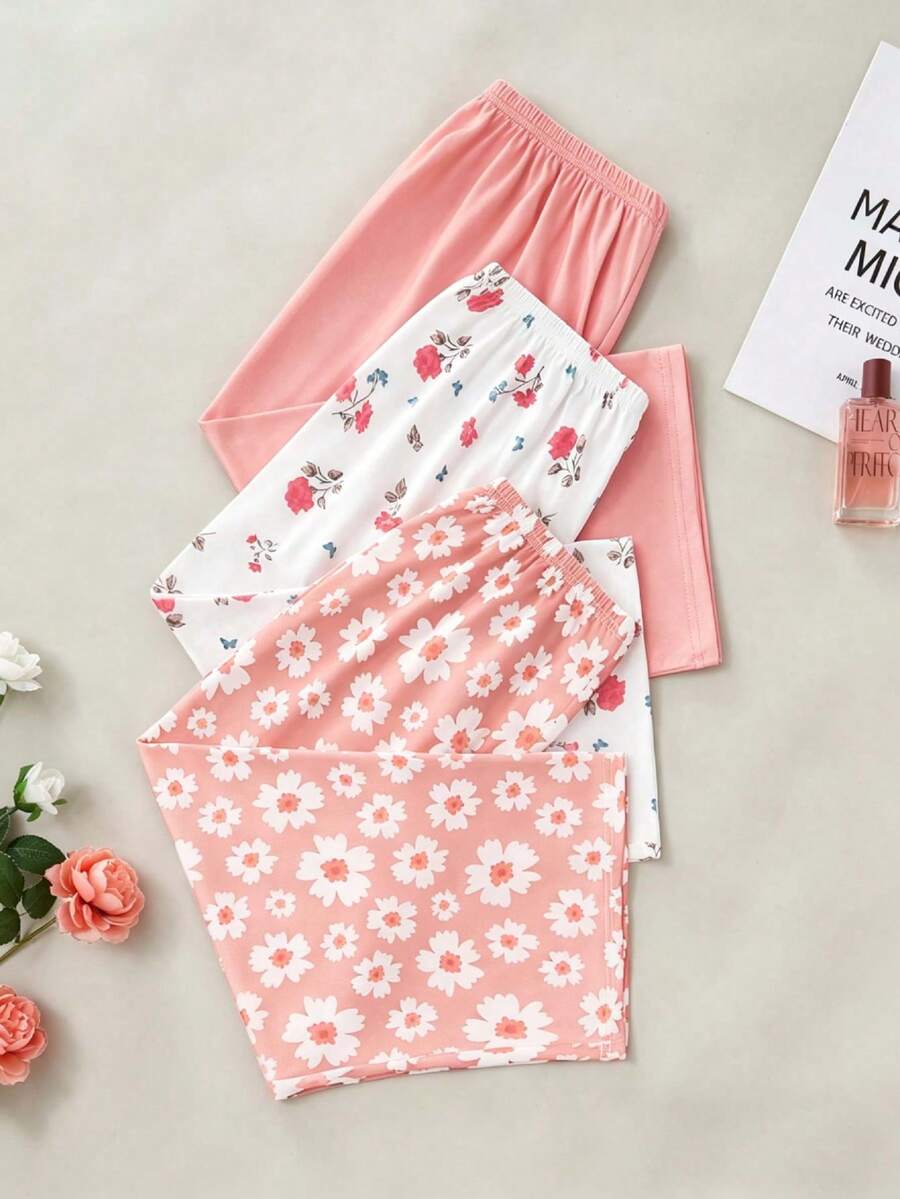 3pcs Women Casual 7/10 Length Shorts, Daisy & Rose Floral Print, Solid Color, Elastic Waist, Loose Fit Pajama Pants - Coral Pink - View 1