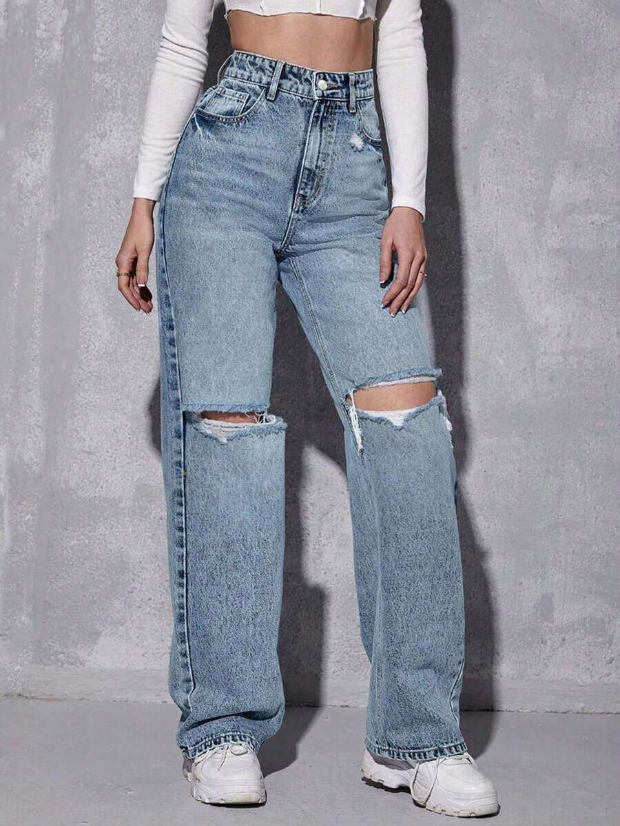 ICON Jeans desgarro de talle alto - Niebla azul - Ver 1