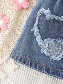 Falda vaquera con cintura elástica y diseño de corazón rasgado para niñas, conjunto de moda adecuado como regalo, para verano - Lavado ligero - Ver 6