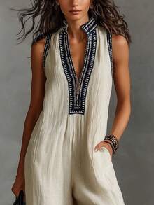 Women's Jumpsuit, Sleeveless V-Neck, Elegant, Casual 1-Piece Pants Jumpsuit 2026 Summer Set - 天藍色 - 查看 3