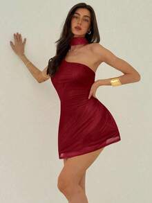 Vestido mini de moda de unicolor sin mangas para mujer - Burdeos - Ver 6