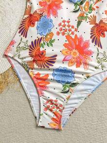 Women's Colorful Tropical Bird & Floral Print Square Neck Cap Sleeve One-Piece Swimsuit, Suitable For Beach Vacation Summer - Multicolor 2 - View 5