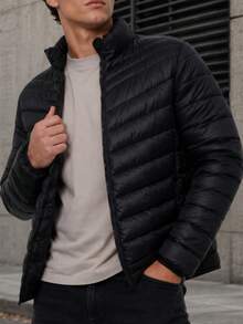 Men's HPC Polo Fleece Puffer Jacket, Warm, Casual, Basic, No Hood, Youthful And Modern Style, Ideal For Winter Or Cold Weather - 黑色 - 查看 4