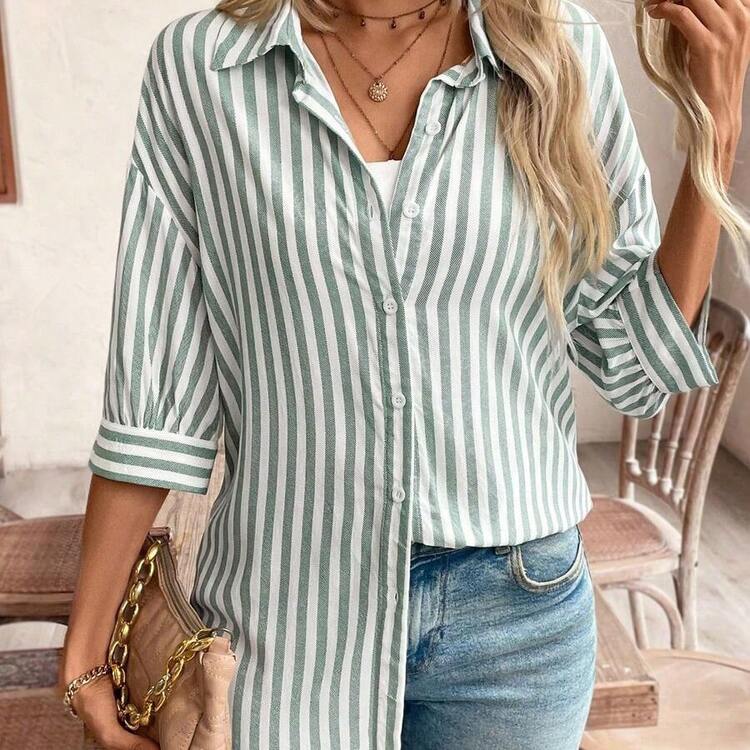 Fashion Women's Clothing  Frenchy Camisa de rayas con hombros caídos para mujeres, perfecta para vacaciones de verano - Verde - Añade 4