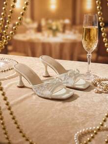 Women's High Heel Sandals, Lace Mesh Design With Bow Decor, White High Heels, Stiletto Mule Slippers, Cute & Sweet, Gentle Style, Suitable For Daily, Party, Vacation, Wedding, Commute, Live Streaming - White - View 6