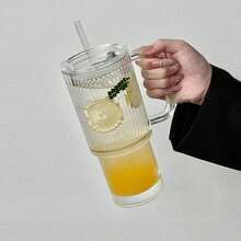 1个带把手和盖子的条纹玻璃杯，大容量冰咖啡杯，带吸管，现代可重复使用玻璃杯，适用于冷热饮品、冰沙和茶饮。 - 彩色 - 查看 14