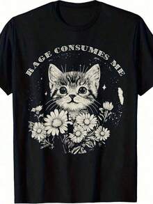 1 T-Shirt With A Funny Cat Graphic | 'Saying That Anger Consumes Me' Sarcastic Kitty And Flower Design, Soft And Breathable T-Shirt For Men And Women, Casual Black Round-Neck T-Shirt, Everyday Wear, Knitted Construction, Machine Washable, Plus Size And Tall Clothing, 180g 100% Cotton. - 黑色 - 查看 8