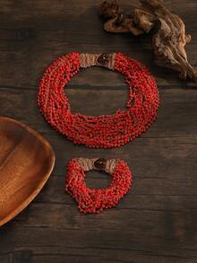 SOUL BEADING طقم قلادة وسوار مصنوع يدويًا بطراز بوهيمي، إكسسوارات يومية عصرية متعددة الاستخدامات - الأحمر - مشاهدة 1
