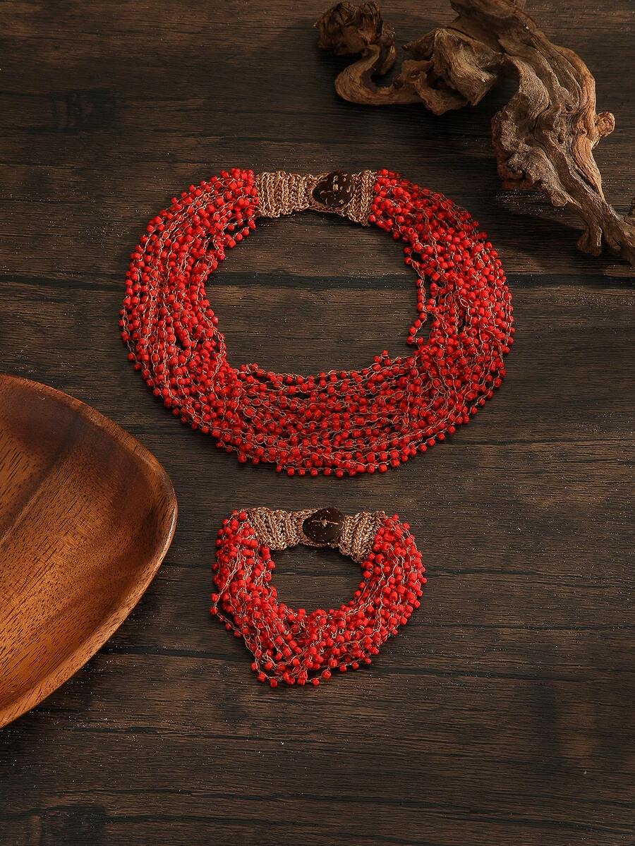 SOUL BEADING طقم قلادة وسوار مصنوع يدويًا بطراز بوهيمي، إكسسوارات يومية عصرية متعددة الاستخدامات - الأحمر - مشاهدة 1