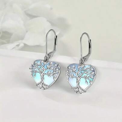 Luxury Fashion Cubic Zirconia Heart-Shaped White Gold Plated Tree Of Life Pendant Earrings For Women