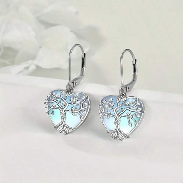 Luxury Fashion Cubic Zirconia Heart-Shaped White Gold Plated Tree Of Life Pendant Earrings For Women