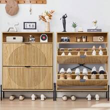 Fluted Shoe Cabinet With 2 Flip Drawers, Slim Freestanding Hidden Shoe Cabinet Organizer, Narrow Shoes Storage Rack For Entryway (-2 Drawers, 9.45" D X 31.5" W X 41.93" H) - View 7