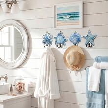 1pc Ocean Theme Wooden Wall Hook With Starfish Turtle Octopus Shell Design Metal Hanging Hook For Coats Hats Keys Bags Small Items Home Decor Bathroom Kitchen Bedroom Entryway Wall Mount Organization Storage Solution - Multicolor - View 9