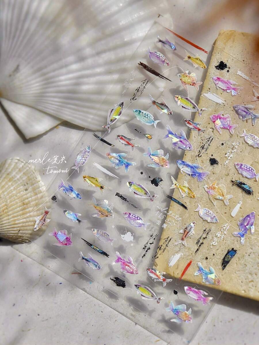 1件可愛海洋生物3D凝膠美甲貼紙,3D立體海豚與章魚美甲貼花,防水女性美甲藝術貼紙 - 彩色 - 查看 1