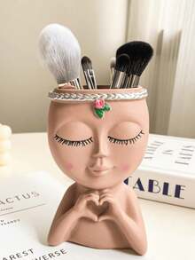 Cute Face-Shaped Makeup Brush Holder, Suitable For Vanity Tabletop | Decorative Desktop Storage Box, Can Hold Brushes, Pencils, Cosmetics | Japanese Cute Beauty Stationery Organizer | Aesthetic Room Desk Decor - Multicolor - View 11