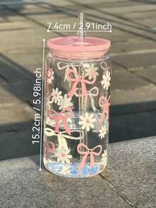 1個 Ins 熱門粉色蝴蝶結與雛菊吸管杯附蓋，防漏便攜水瓶，大容量透明咖啡果汁杯，極具吸引力的少女風設計，適合夏季冷飲、日常補水，學生與上班族使用，禮品或自用，派對杯，附蓋吸管杯，水瓶，隨行杯 - 查看 3