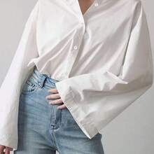 Camisa casual de mujer de unicolor elegante con cuello vuelto y manga larga, de tela de poliéster, adecuada para la oficina y el uso diario, primavera/verano - Albaricoque - Ver 7