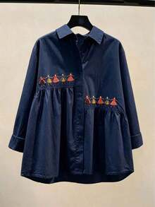 Versatile Women's Long-Sleeved Solid-Color Shirt With Embroidery, For Spring - Navy Blue - View 3